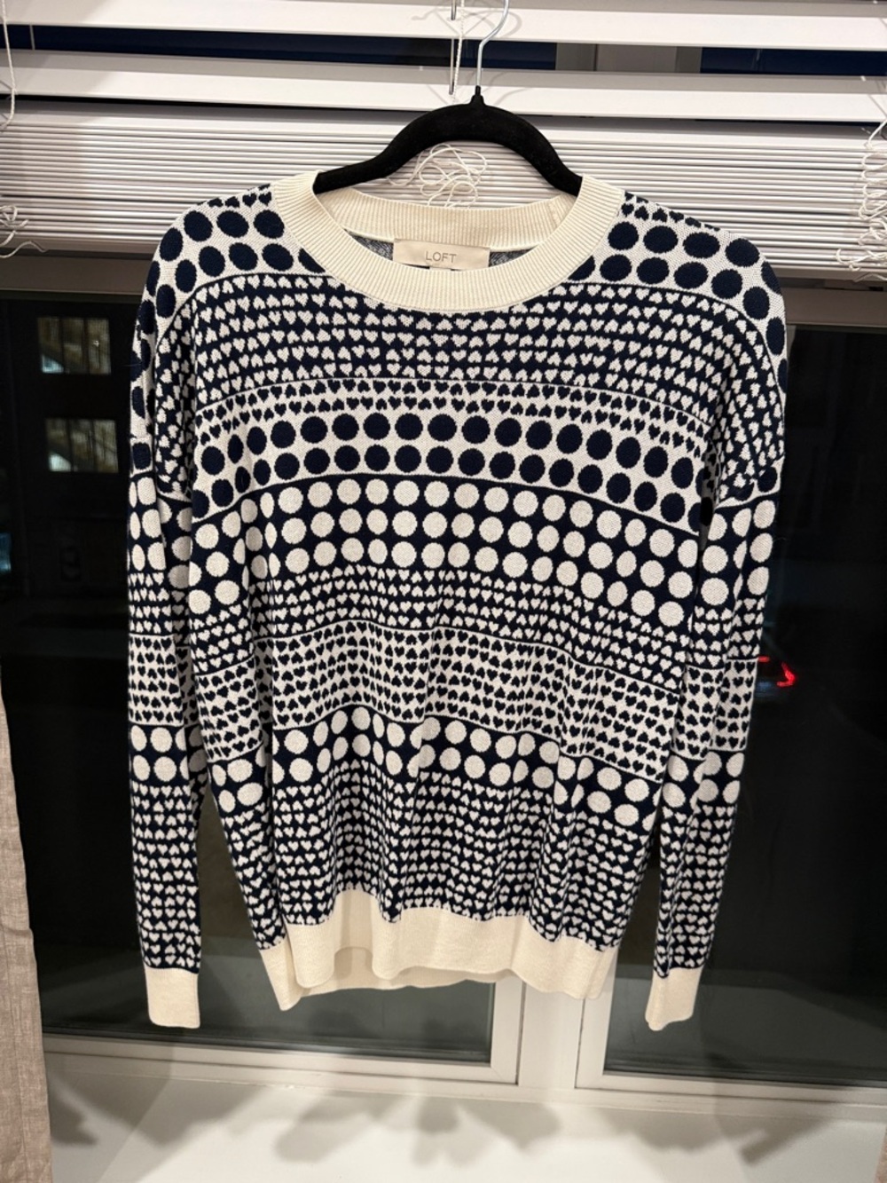 LOFT Navy and Cream Geometric Dot Crewneck Sweater